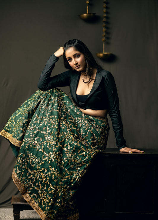 Raw Silk Top with Brocade Lehenga